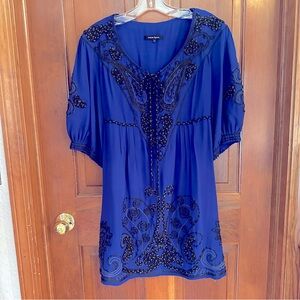 Nanette Lepore midnight blue sheer appliqué dress, with slip. Size 6. Beautiful.
